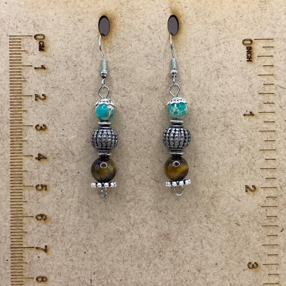 Tiger's Eye Sea Sediment Gemstone Bead Handmade Pierced Earrings LR129 - Picture 2 of 4